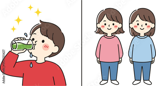 Child Drinking Healthy Green Juice and Cute Kids Character Set Illustration, Healthy Lifestyle and Nutrition Concept for Children Wellness and Growth