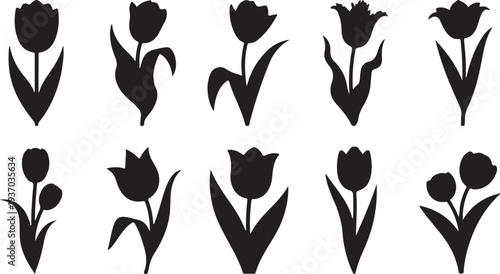 Black Silhouette Tulip Flowers in Various Styles and Arrangements petals