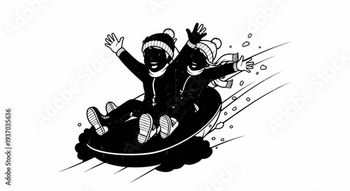 Two children in winter clothes joyfully sledding downhill in the snow