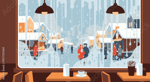 A cozy cafe interior offers a warm refuge from the bustling, snowy winter village scene outside, where people enjoy a picturesque cold day.