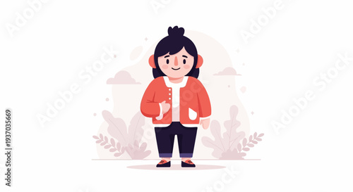 Cheerful character with dark hair, wearing a coral cardigan over white, and dark pants