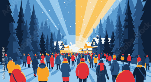 A large gathering of people enjoys a spectacular illuminated winter event, creating a vibrant community scene within a snowy forest landscape.