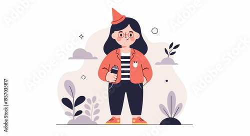 Cheerful cartoon person in festive hat and jacket holding microphone