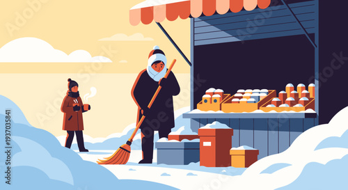 A dedicated vendor sweeps fresh snow from their vibrant outdoor market stall, diligently preparing for daily sales amidst a picturesque winter landscape.