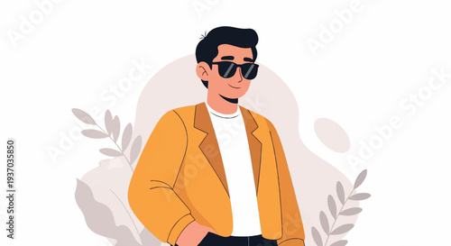 Stylish man in a yellow jacket and sunglasses, with abstract plant elements