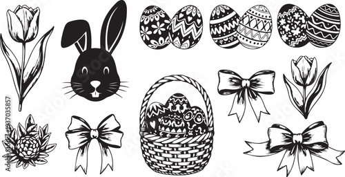 Easter themed illustrations with eggs and bunny decorations