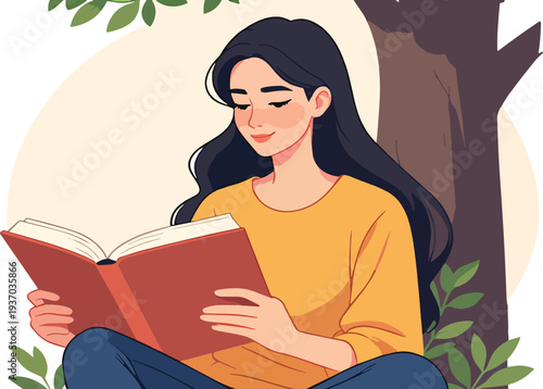 donna che legge un libro romanzo giallo sotto albero in campagna aperta sulla terra erba terreno vettoriale