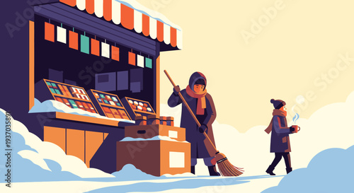 A person diligently sweeps fresh snow from a bustling market stall, preparing for a busy winter day while a child walks past.