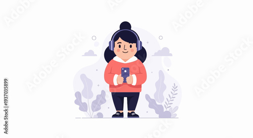 A cartoon girl with headphones is holding a smartphone and listening to music outdoors