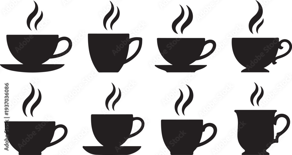 Obraz premium Eight black coffee cups with steam rising from them on white background