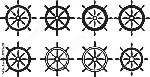 Eight black and white ship steering wheels arranged in two rows of four ship wheel
