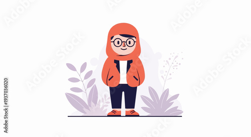 Cheerful person in orange hoodie, glasses, and dark pants, surrounded by plants