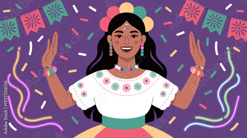 Woman in traditional dress celebrating with colorful decorations and confetti around her vibrant purple background festive atmosphere