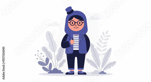 A person wearing a hat, glasses, and striped shirt stands among stylized plants