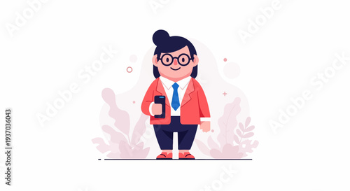 Stylized cartoon character in a red blazer and blue tie, holding a smartphone