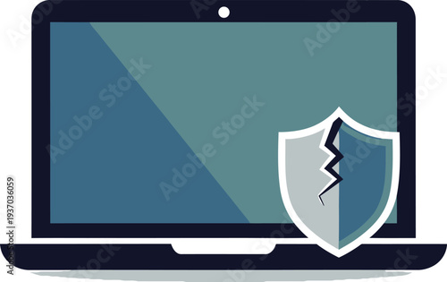 Laptop with cracked shield icon on screen, symbolizing cyber security breach or vulnerability concept.