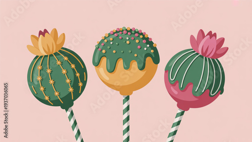 Colorful cactus lollipops with green and pink decorations and flowers on pastel pink background sweet treats for summer