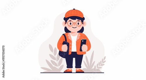 Modern young person wearing a cap, glasses, holding a phone and bag