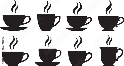Eight black coffee cups with steam rising from them on white background