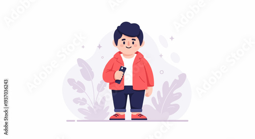 A cheerful, plump child in a coral jacket and navy pants holds a black smartphone