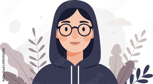 Stylized portrait of a person wearing a dark blue hooded sweatshirt and round glasses, with leaves and abstract shapes in the background