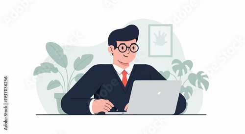 A man in a suit works on his laptop surrounded by plants