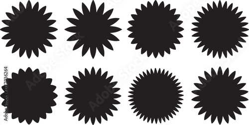 Eight black spiky circular shapes on white background