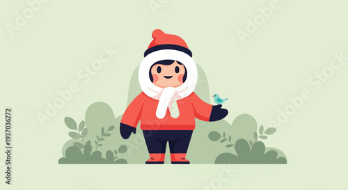 A person in winter attire with a bird on their hand, surrounded by foliage