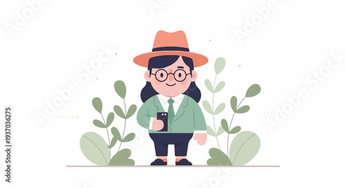 Cute person in a hat holding a phone surrounded by minimalist leaves
