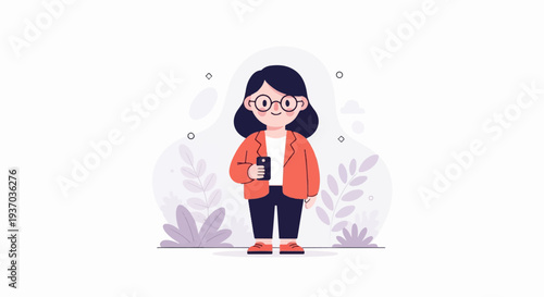 Animated woman in orange jacket holding smartphone with plants in background