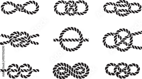 Nine black and white rope knots on a white background