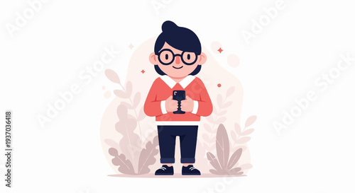 A cartoon child wearing glasses, a red sweater, and dark pants, holding a smartphone