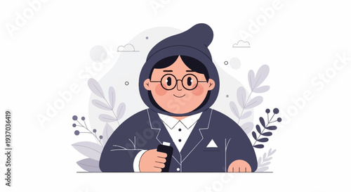 Person in a suit and hood, holding a black object, with abstract plants and clouds