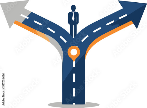 Person standing at a three-way road junction with arrows, symbolizing decision making and choices in life.