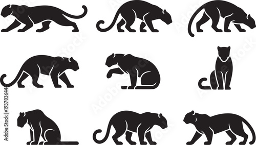Nine black silhouettes of leopards in various poses on a white background