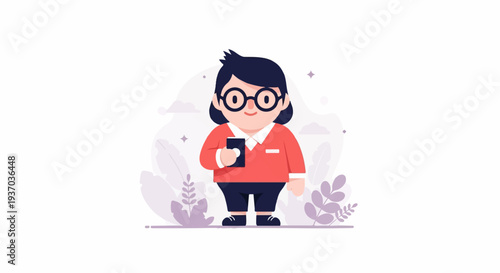 Adorable character with glasses holds a phone, surrounded by abstract plant shapes
