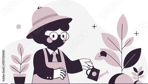 Stylized character in a hat and apron waters plants with a small watering can amidst abstract shapes