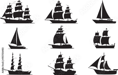 Nine Black Silhouettes of Various Sailboats and Ships on White Background