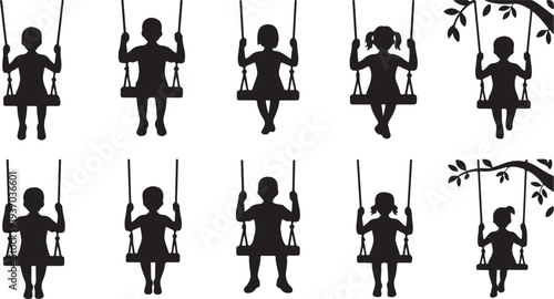 Silhouettes of children swinging on swings in a park setting outdoor