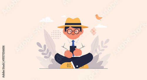 Cartoon man in hat and glasses sitting cross-legged with phone, surrounded by stylized plants and clouds