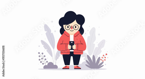 A character with dark hair and glasses holds a phone, surrounded by stylized plants