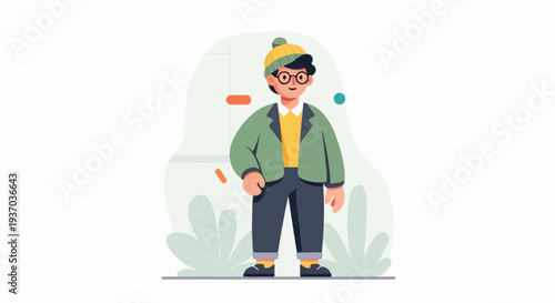 A young person in a green jacket and yellow beanie stands against a neutral background with abstract shapes