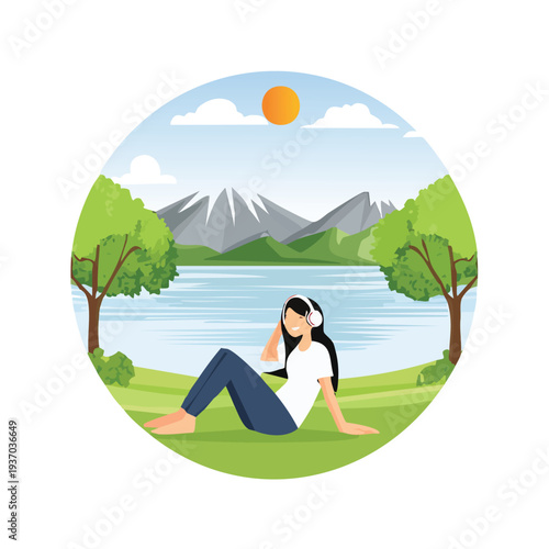 Woman listening music outdoors in nature landscape