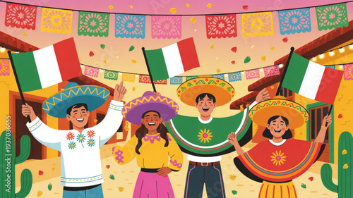 Vibrant celebration of mexican heritage with festive clothing and flags waving in joyful atmosphere