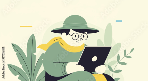 Stylized person with hat and scarf, engrossed in a laptop amidst lush foliage