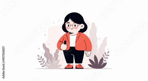 A charming cartoon woman with glasses and a blazer stands amidst abstract foliage