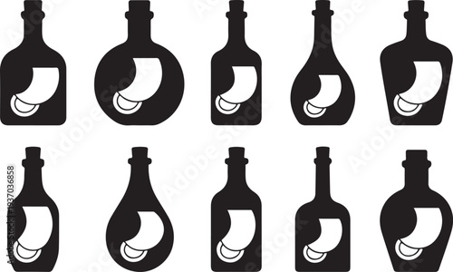 Ten black and white bottle with varying liquid levels