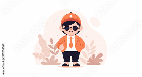 Stylish cartoon kid in orange outfit with sunglasses and cap against nature backdrop