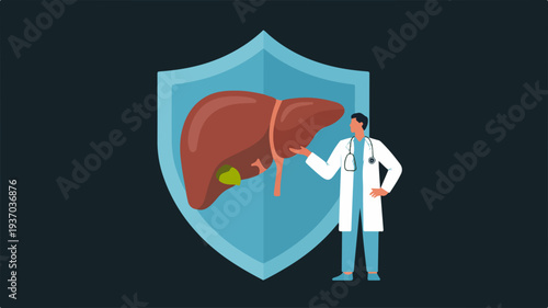 Doctor explaining liver health with shield graphic illustration