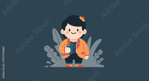 A cartoon character with dark hair, an orange jacket, and a phone